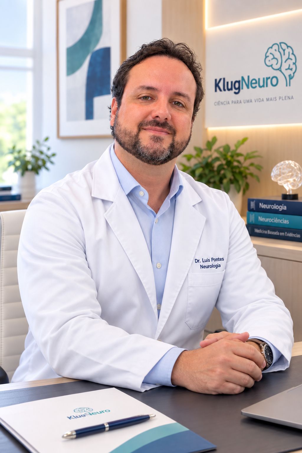 Dr. Luis C. B. Pontes Jr. de jaleco no consultório da KlugNeuro